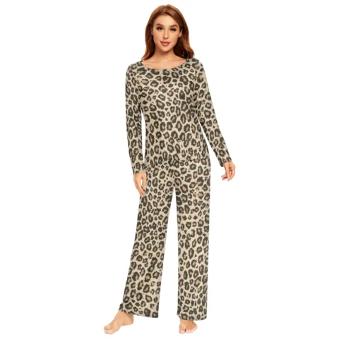 Spring&Autumn Sleepwear Women's 2 Pieces Pajamas Set Sexy Leopard Homewear Lounge Clothes Warm Pyjama Pijama Femme