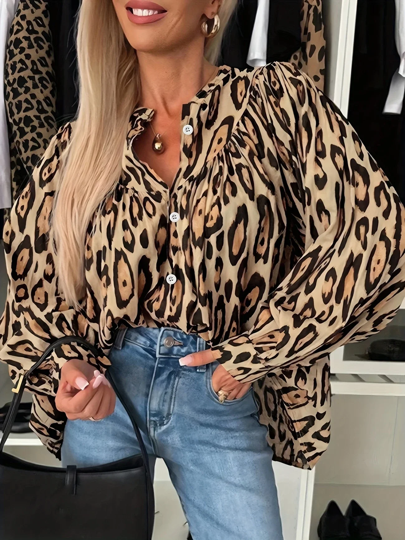 Plus Size 1Xl-5XL Women'S Leopard Print Front Button Casual Long Sleeve Shirt Simple Lapel Design Loose with Pocket Shirt Top - Image 3