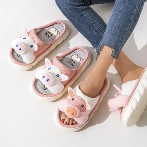 Platform Slippers Women Home Casual Cartoon Pig Designer Shoes Girls Flats House Cotton Linen Cute Slippers Open Toe Fashion