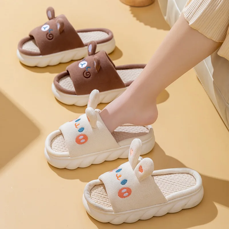 Home Linen Slipper for Women Cute Bunny Clouds Flip Flops Female Design Cozy Shoes Slides Four Season Platform Couples Sandals - Image 4