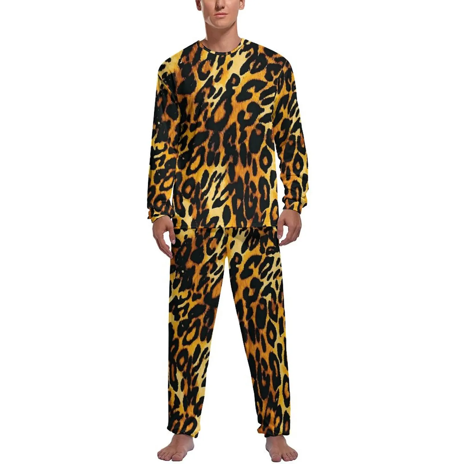 Orange Leopard Print Pajamas Spring Casual Sleepwear Mens 2 Pieces Pattern Long Sleeve Fashion Pajama Sets - Image 20