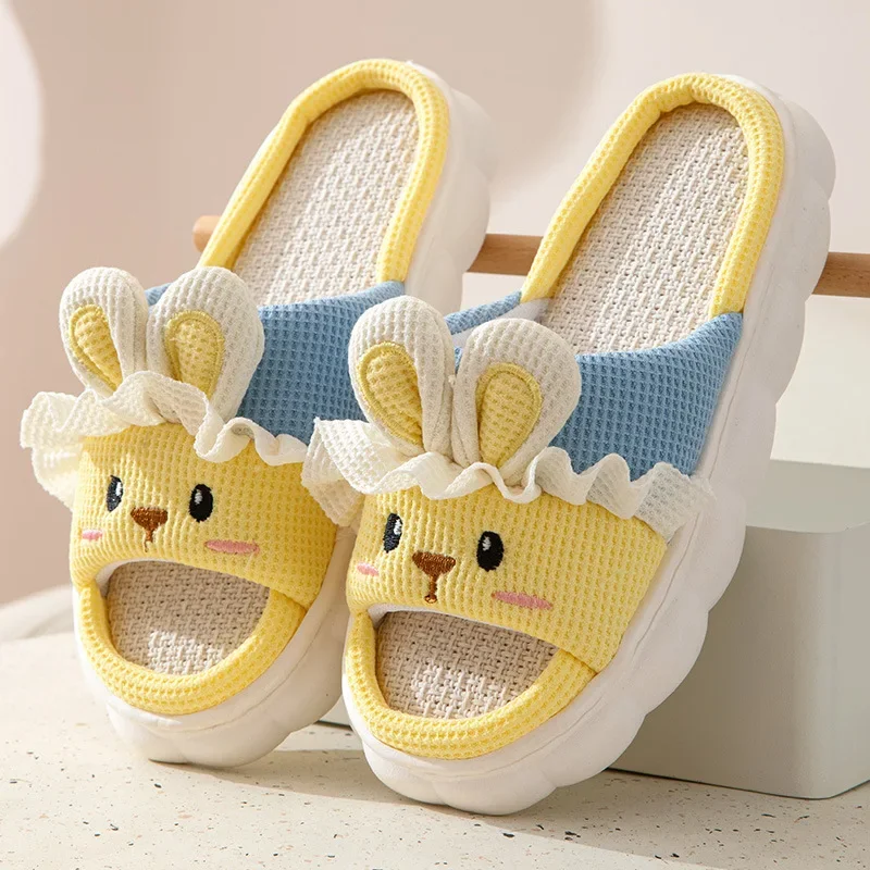 Women Cute Rabbit Household Slippers Four Seasons Men Indoor Linen Silent Thickened Cotton Shoes Comfortable Non-slip Platform - Image 10