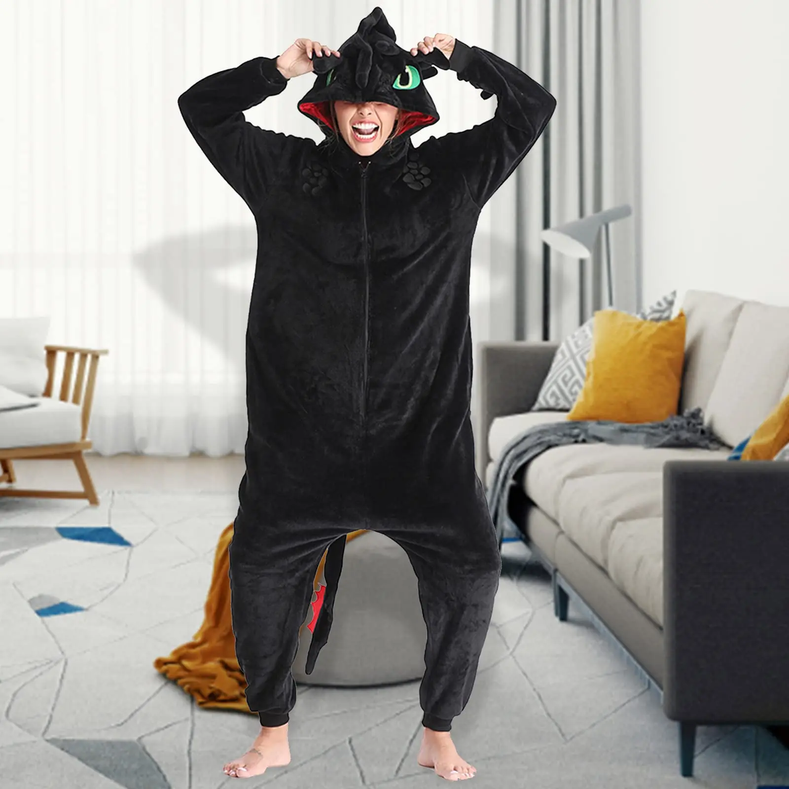 P-jsmen Toothless Pajamas with Shoes Animal Dragon Train Flannel Costume Winter Plush Onesie PJS Cosplay Family Woman Adult - Image 2