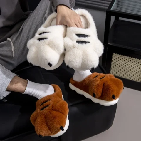 Cartoon Tiger Claw Plush Slippers | Warm Anti-Slip Bear Paw House Shoes