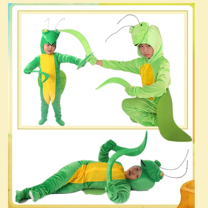 Golden Velvet Pajamas Praying Mantis Animal Insect Fancy Dress Jumpsuit Children Adults Gifts Cosplay Halloween Costume - Image 3