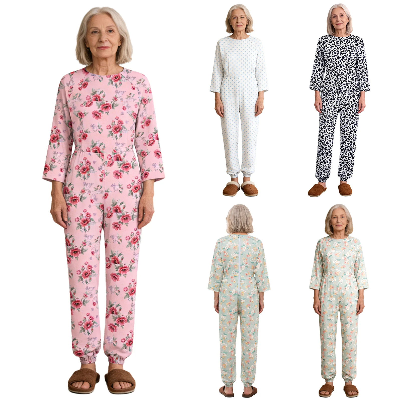 Women Elderly Alzheimer Adaptive Jumpsuit Back and Legs Zipper Print Anti-strip Rompers for Dementia Disabilities Special Needs - Image 3