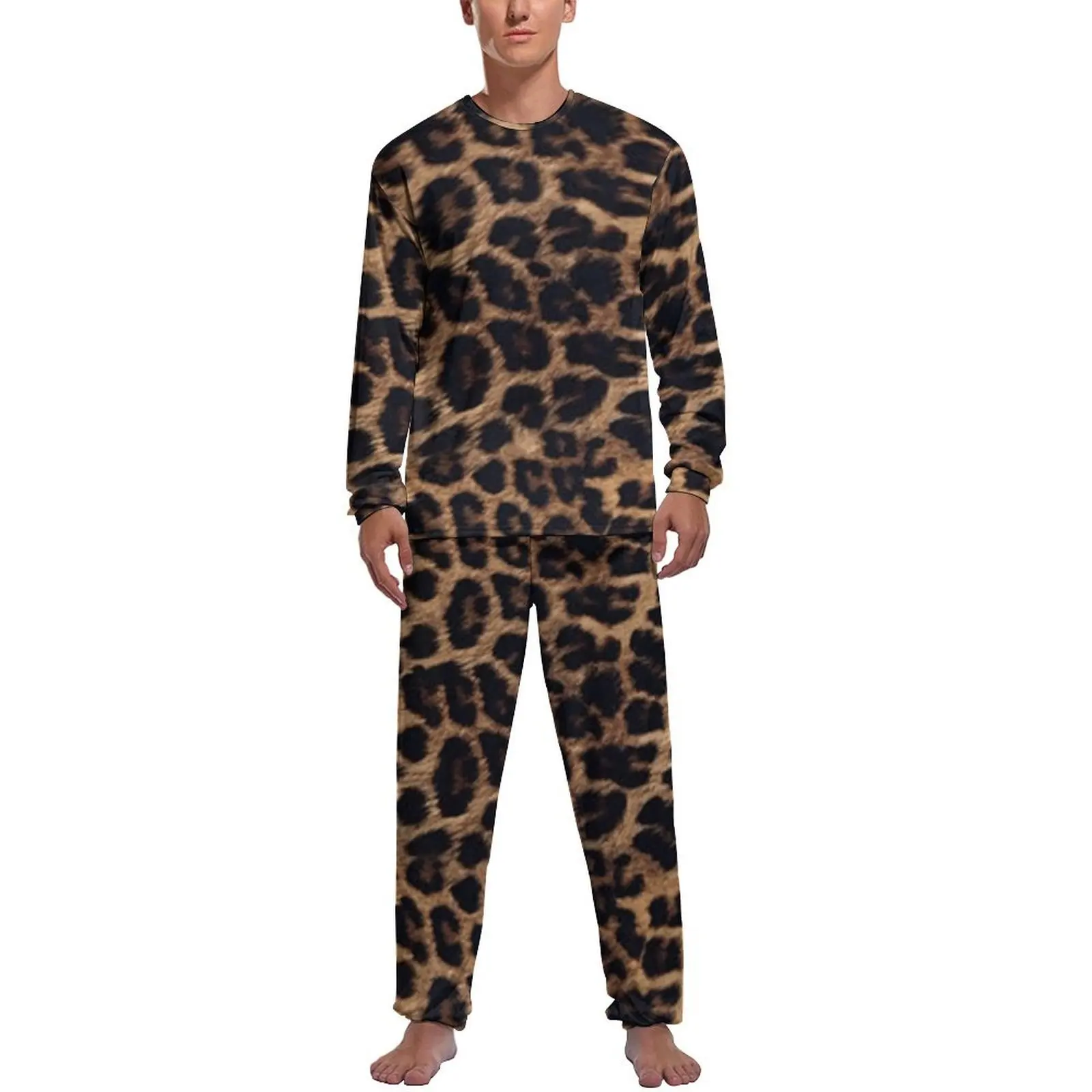Orange Leopard Print Pajamas Spring Casual Sleepwear Mens 2 Pieces Pattern Long Sleeve Fashion Pajama Sets - Image 7