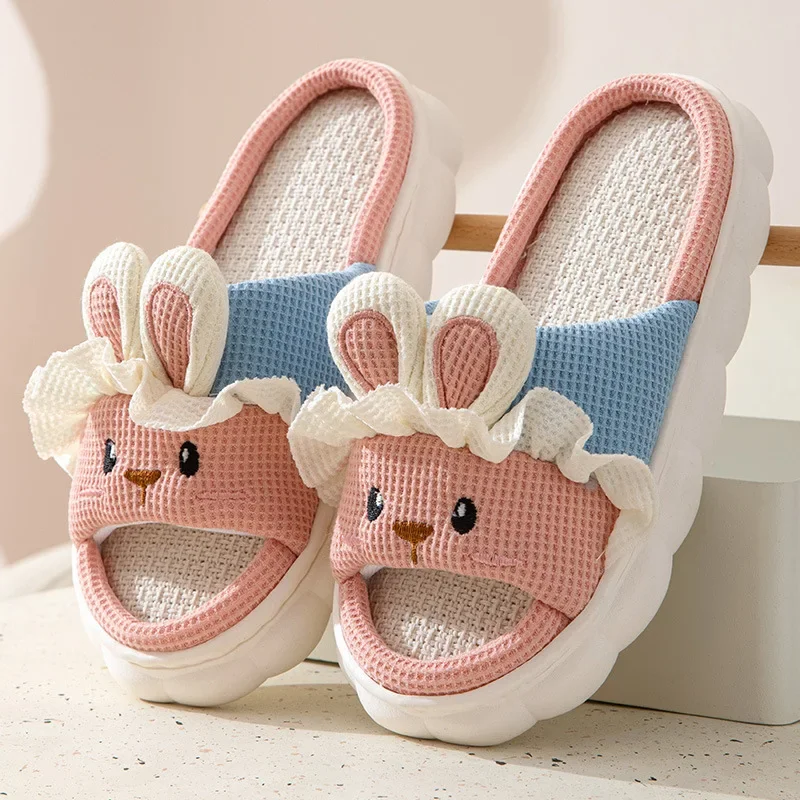 Cute Rabbit Household Slippers – Women's & Men's Non-Slip Linen Indoor Platform House Shoes - Image 6