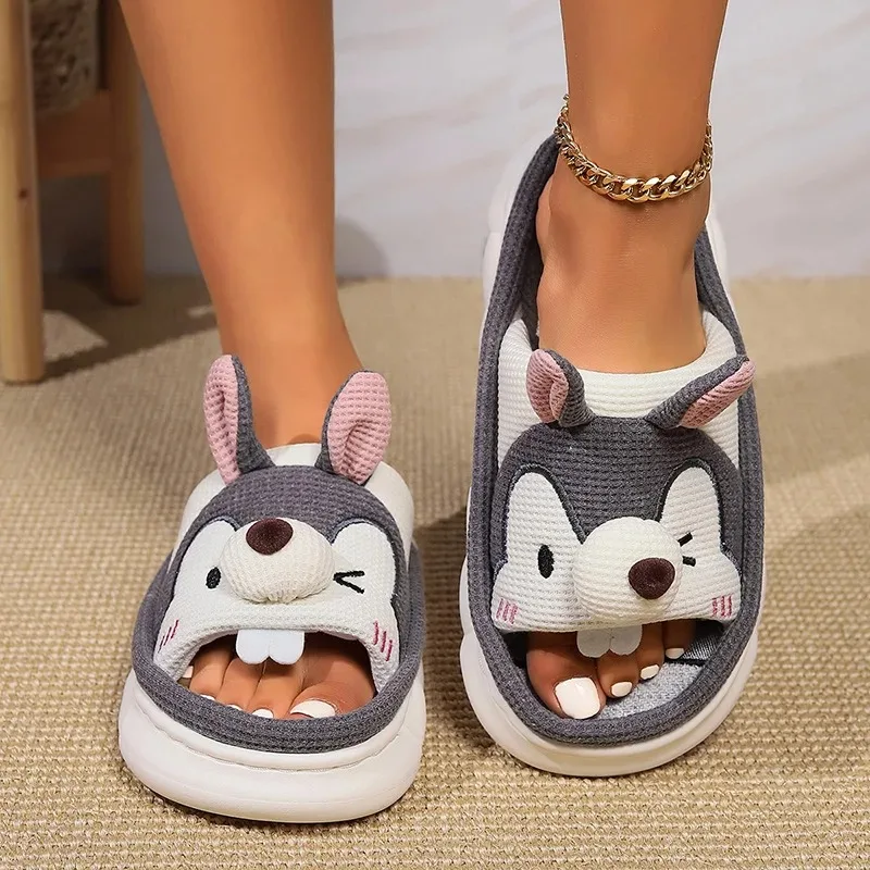 Home Linen Slipper for Women Cute Bunny Clouds Flip Flops Female Design Cozy Shoes Slides Four Season Platform Couples Sandals - Image 15