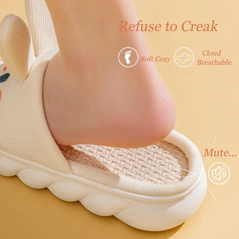 Home Linen Slipper for Women Cute Bunny Clouds Flip Flops Female Design Cozy Shoes Slides Four Season Platform Couples Sandals - Image 2