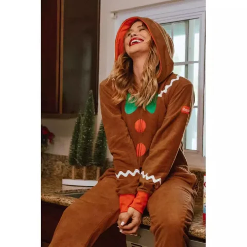 Cozy Christmas Romper with Hood, Unisex Fleece Loungewear for Holiday, Festive Home & Sleepwear