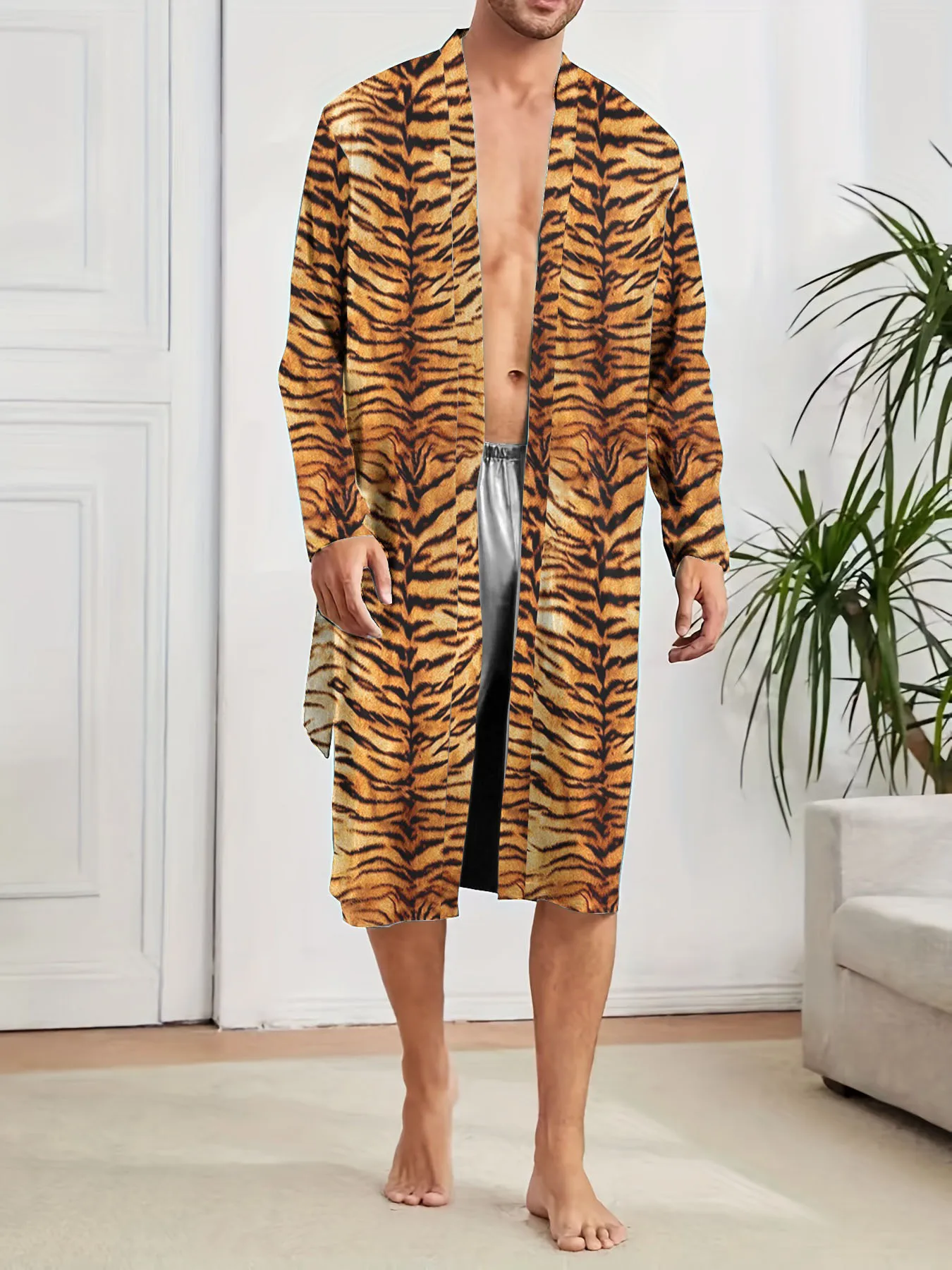 Men's Robes New Personalized Tiger skin Patterned men's Nightgown for Home Skin Friendly Thin Quick Drying Loose Fitting Pajamas - Image 3