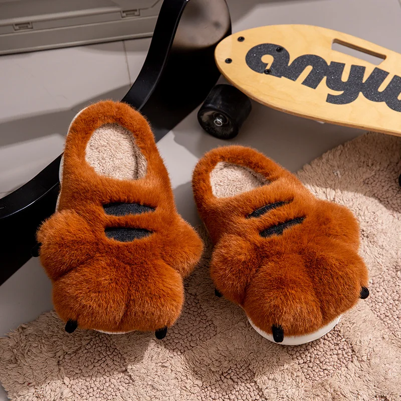 Winter Men's Tiger Claw Cotton Slippers – Thick Warm Plush Non-Slip Indoor & Outdoor Couple House Slippers - Image 3