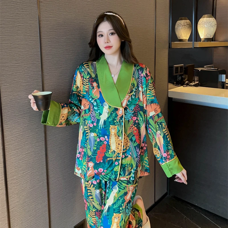Print Animal Flower V-neck Luxury Pajamas Set for Women Autumn New Casual 2024 Home Suit Nightwear All-match Soft Korean Pajamas - Image 3