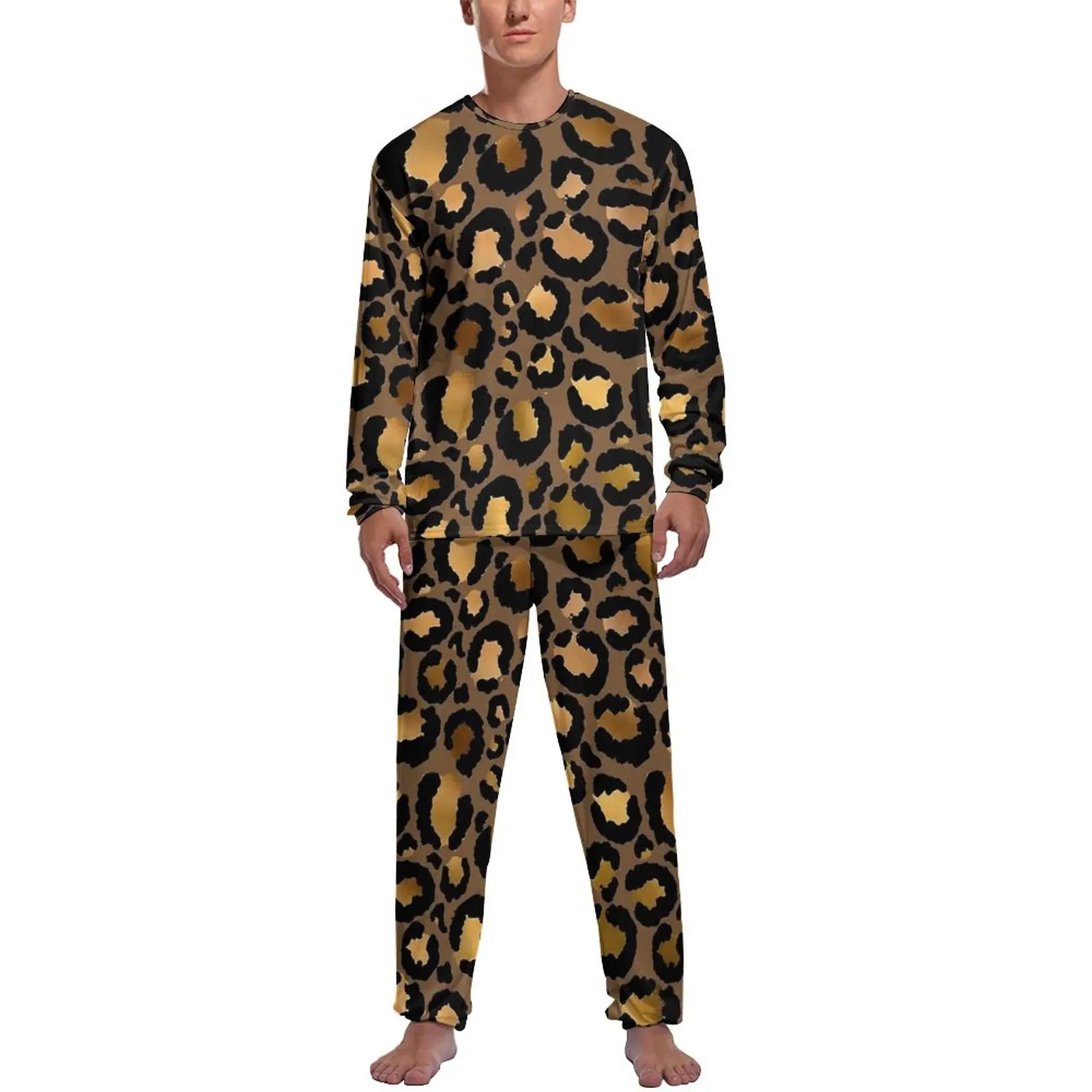 Orange Leopard Print Pajamas Spring Casual Sleepwear Mens 2 Pieces Pattern Long Sleeve Fashion Pajama Sets - Image 12