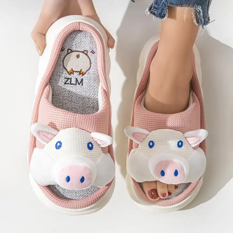 Platform Slippers Women Home Casual Cartoon Pig Designer Shoes Girls Flats House Cotton Linen Cute Slippers Open Toe Fashion - Image 4
