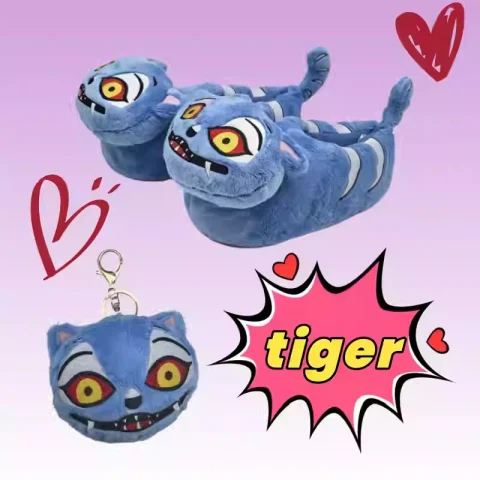 Blue Tiger Plush Cotton Slippers | Cute Cartoon Warm Non-Slip House Shoes for Couples & Kids