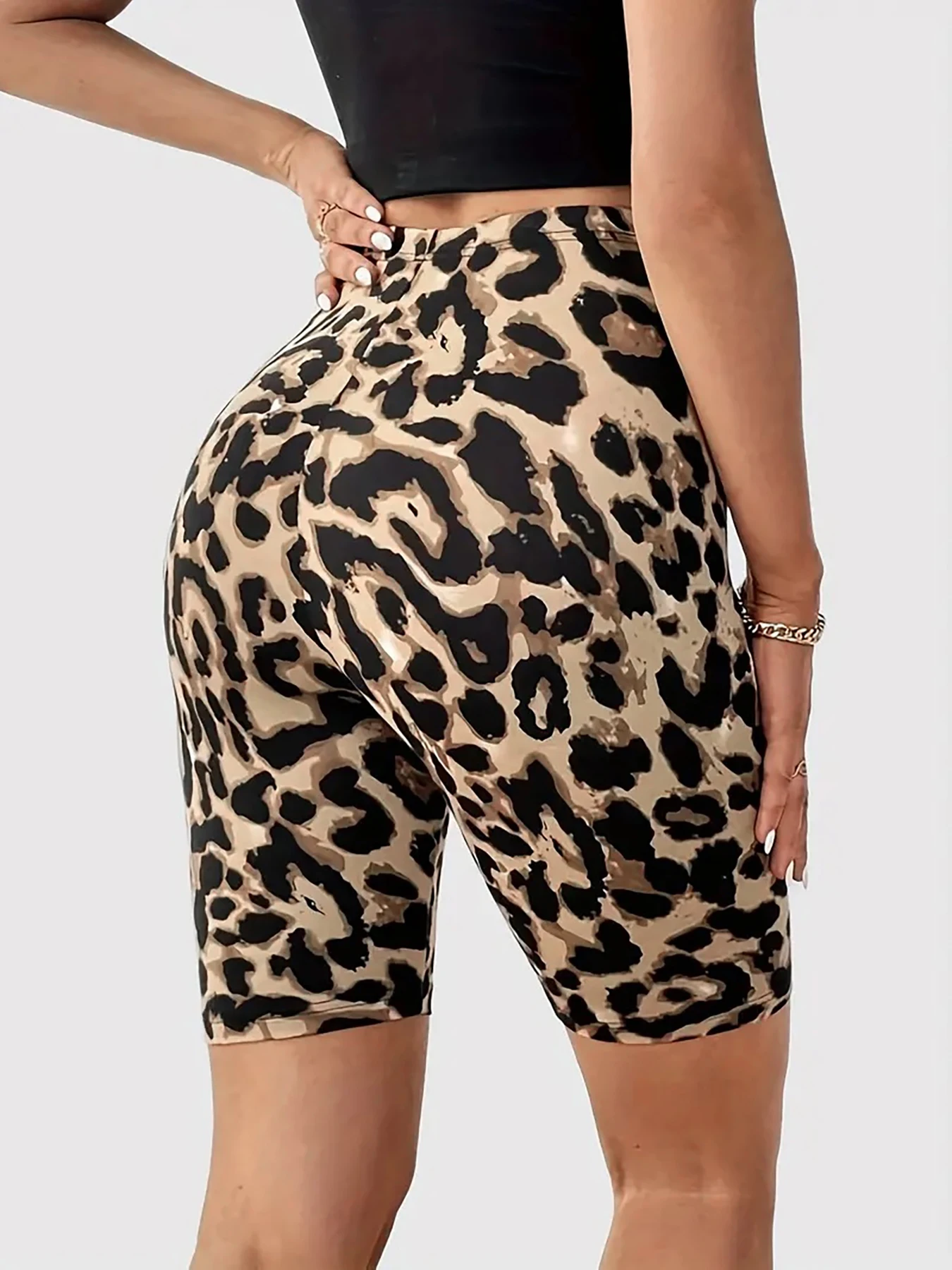 Plus Size Women's Tight Five-point Pants Leopard Printed Pattern High Elasticity Knitted Middle Pants fashion Casual plaid Short - Image 3