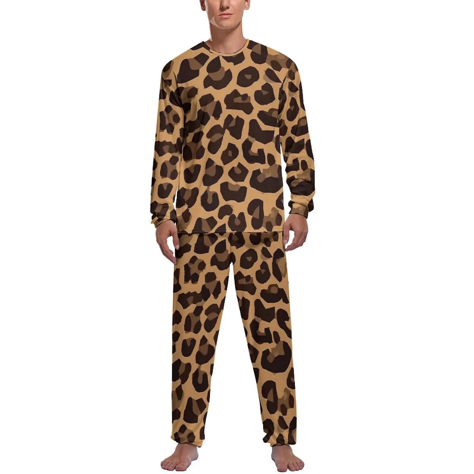 Orange Leopard Print Pajamas Spring Casual Sleepwear Mens 2 Pieces Pattern Long Sleeve Fashion Pajama Sets - Image 24