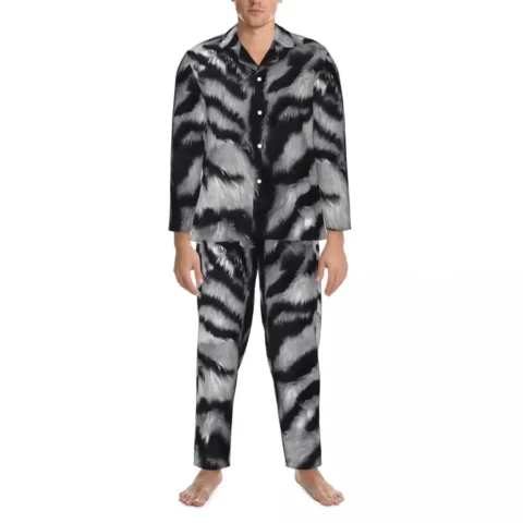 Pajamas Men White Tiger Print Daily Sleepwear Animal Skin 2 Pieces Vintage Pajama Set Long Sleeves Kawaii Oversized Home Suit