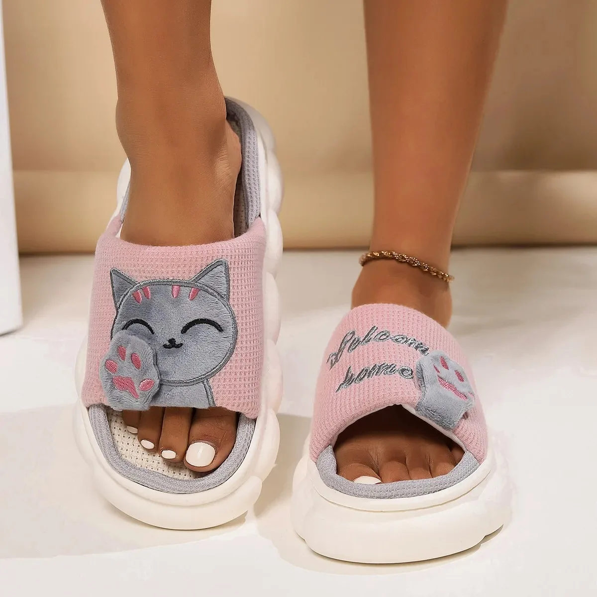 Home Linen Slipper for Women Cute Bunny Clouds Flip Flops Female Design Cozy Shoes Slides Four Season Platform Couples Sandals - Image 20