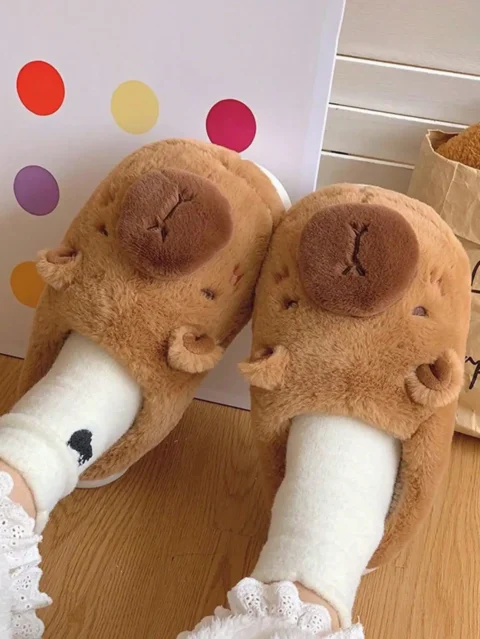 Couple Style Capybara Plush Slippers, Winter Fleece Lined Warm Anti-Slip Soft Sole Home Unisex Indoor Slides