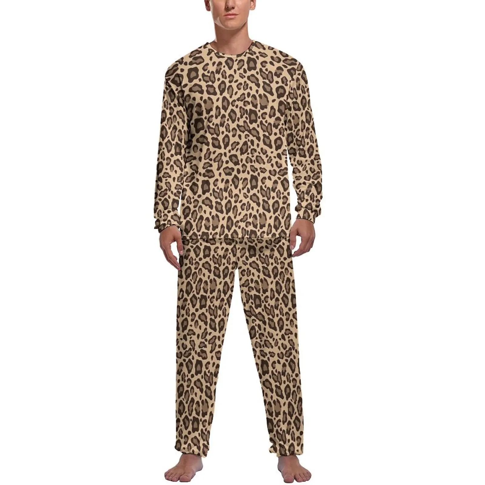 Orange Leopard Print Pajamas Spring Casual Sleepwear Mens 2 Pieces Pattern Long Sleeve Fashion Pajama Sets - Image 14
