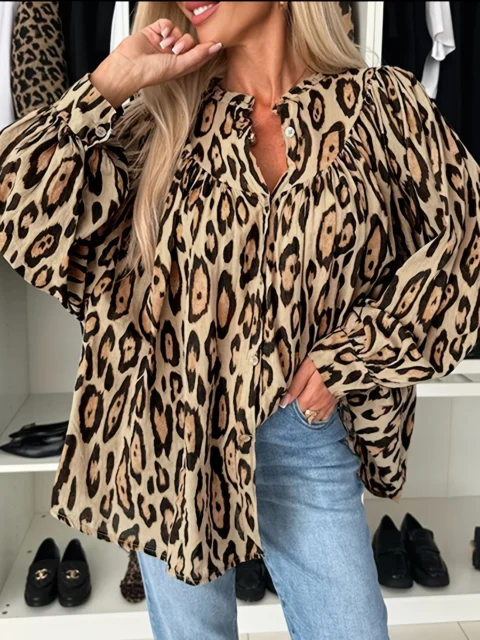 Plus Size 1Xl-5XL Women'S Leopard Print Front Button Casual Long Sleeve Shirt Simple Lapel Design Loose with Pocket Shirt Top