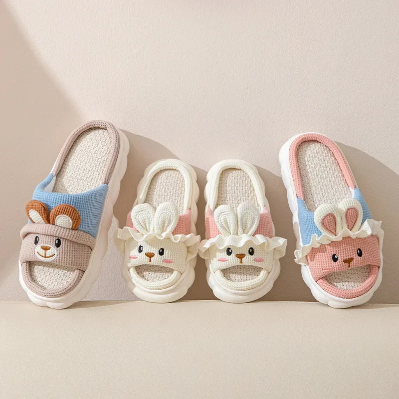 Cute Rabbit Household Slippers – Women's & Men's Non-Slip Linen Indoor Platform House Shoes - Image 4