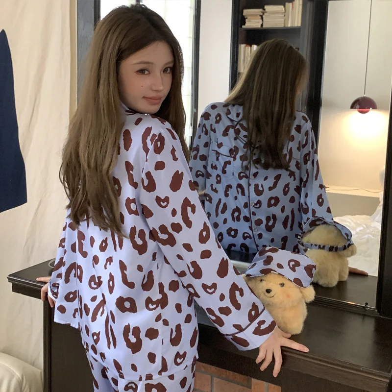 2025 Autumn Winter Ice Silk Leopard Print Pajamas Women Fashion High-End Soft Long Sleeve Pants Loungewear 2piece Set Sleepwear - Image 3