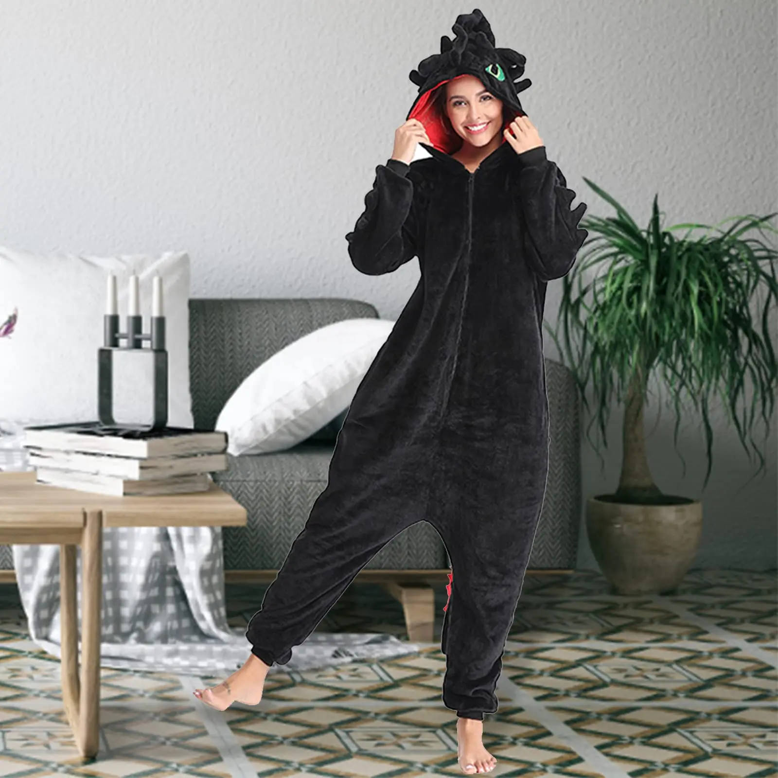 P-jsmen Toothless Pajamas with Shoes Animal Dragon Train Flannel Costume Winter Plush Onesie PJS Cosplay Family Woman Adult - Image 4