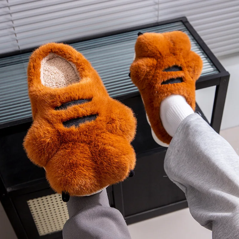 Winter Men's Tiger Claw Cotton Slippers – Thick Warm Plush Non-Slip Indoor & Outdoor Couple House Slippers - Image 7