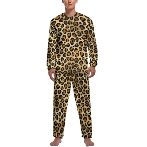 Orange Leopard Print Pajamas Spring Casual Sleepwear Mens 2 Pieces Pattern Long Sleeve Fashion Pajama Sets