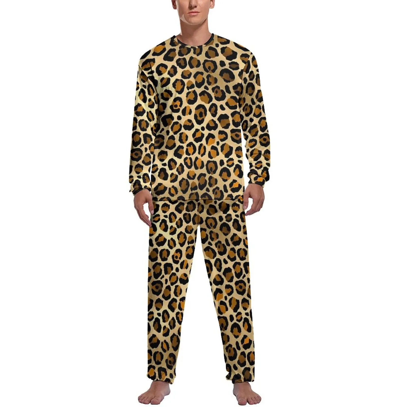 Orange Leopard Print Pajamas Spring Casual Sleepwear Mens 2 Pieces Pattern Long Sleeve Fashion Pajama Sets