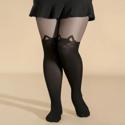 Plus Size Sexy Stockings For 0XL-1XL, Women's Plus Cat Jacquard Colorblock Semi Sheer High Rise Pantyhose