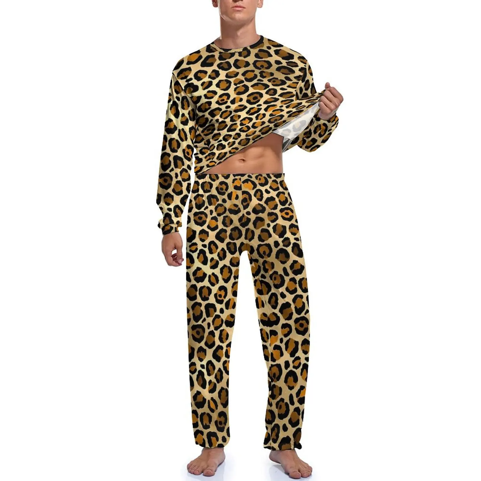 Orange Leopard Print Pajamas Spring Casual Sleepwear Mens 2 Pieces Pattern Long Sleeve Fashion Pajama Sets - Image 3