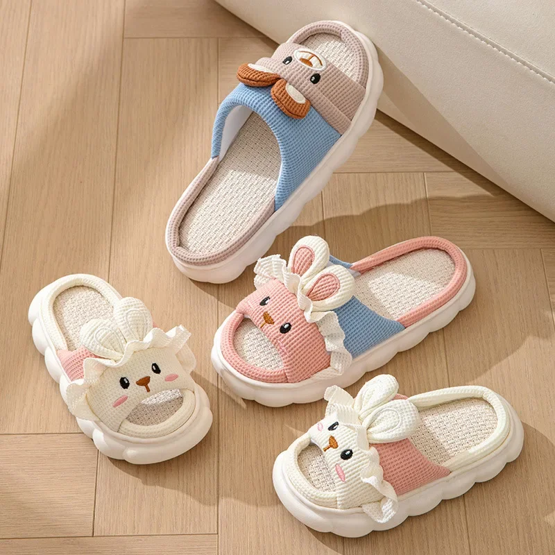 Women Cute Rabbit Household Slippers Four Seasons Men Indoor Linen Silent Thickened Cotton Shoes Comfortable Non-slip Platform - Image 3