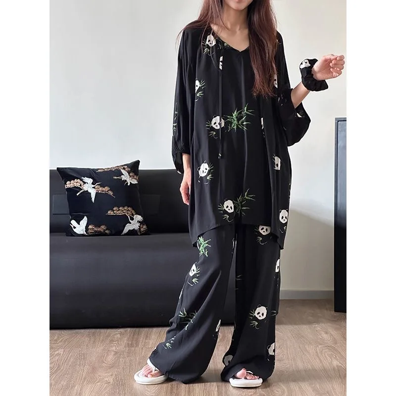 Popular pajama women's cartoon panda leopard print imitation cotton spring and autumn style new plus size home suit set - Image 5