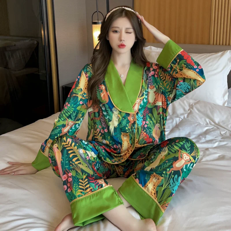 Print Animal Flower V-neck Luxury Pajamas Set for Women Autumn New Casual 2024 Home Suit Nightwear All-match Soft Korean Pajamas - Image 5