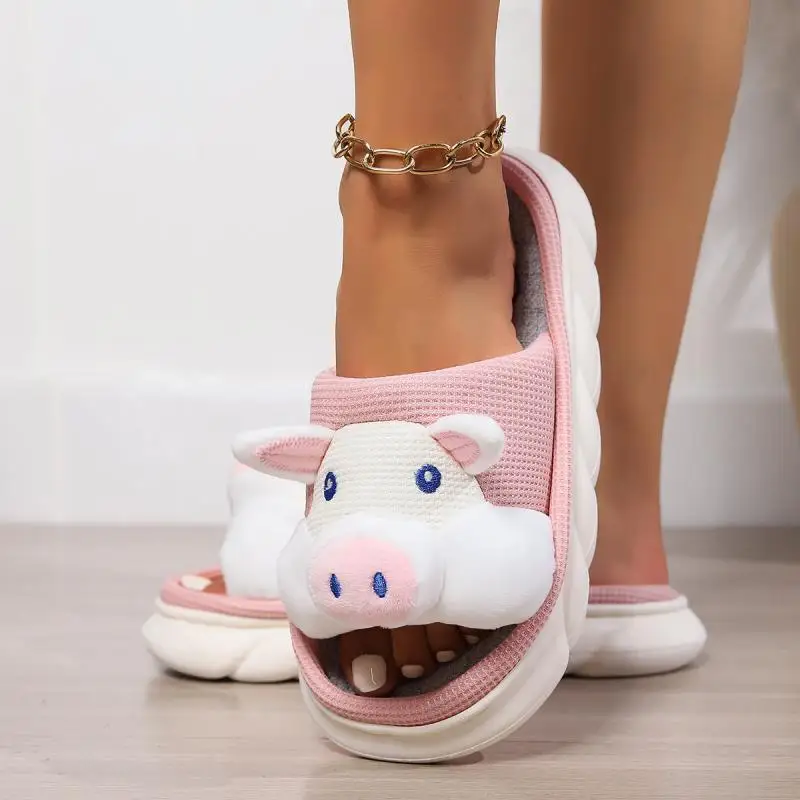 Platform Slippers Women Home Casual Cartoon Pig Designer Shoes Girls Flats House Cotton Linen Cute Slippers Open Toe Fashion - Image 3