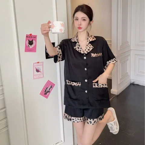 Female Leopard Pajama Three Piece Set Loungewear Sexy Short Sleeve Shirt Shorts Pants Sleepwear Summer Satin Home Wear