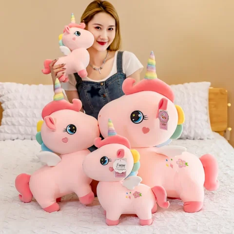 Cartoon Anime Plush Toy Cute Unicorn Pink Soft Elastic Pony Doll Pillow/Cushion Suitable for Room Decoration Girl Birthday Gift
