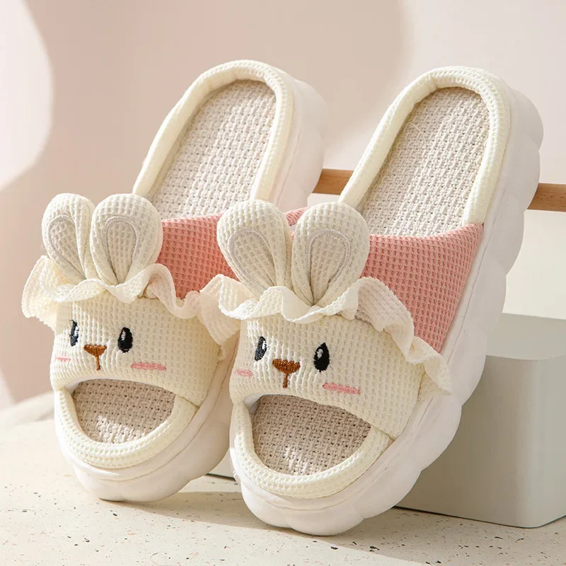 Women Cute Rabbit Household Slippers Four Seasons Men Indoor Linen Silent Thickened Cotton Shoes Comfortable Non-slip Platform - Image 9