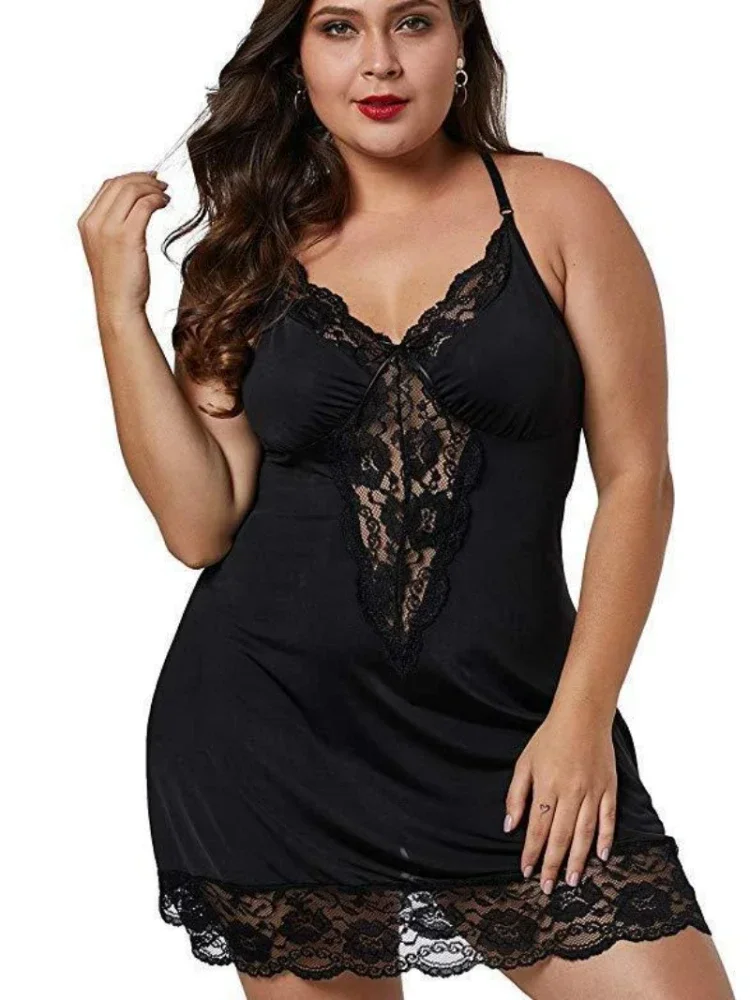 8XL Plus Size Lingerie Women Lace See Through Teddy Babydoll V Neck Sleeveless Nightdress Large Size Erotic Sleepwear Pajamas - Image 3