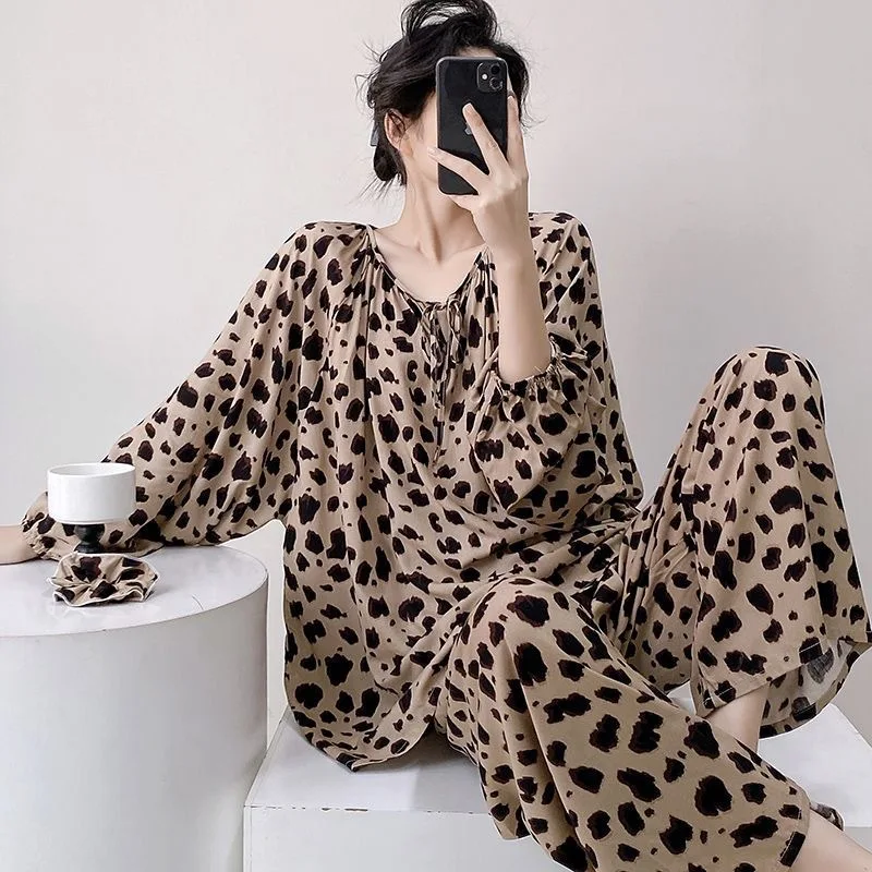 Popular pajama women's cartoon panda leopard print imitation cotton spring and autumn style new plus size home suit set