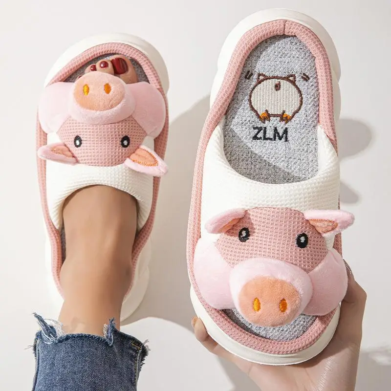 Platform Slippers Women Home Casual Cartoon Pig Designer Shoes Girls Flats House Cotton Linen Cute Slippers Open Toe Fashion - Image 2