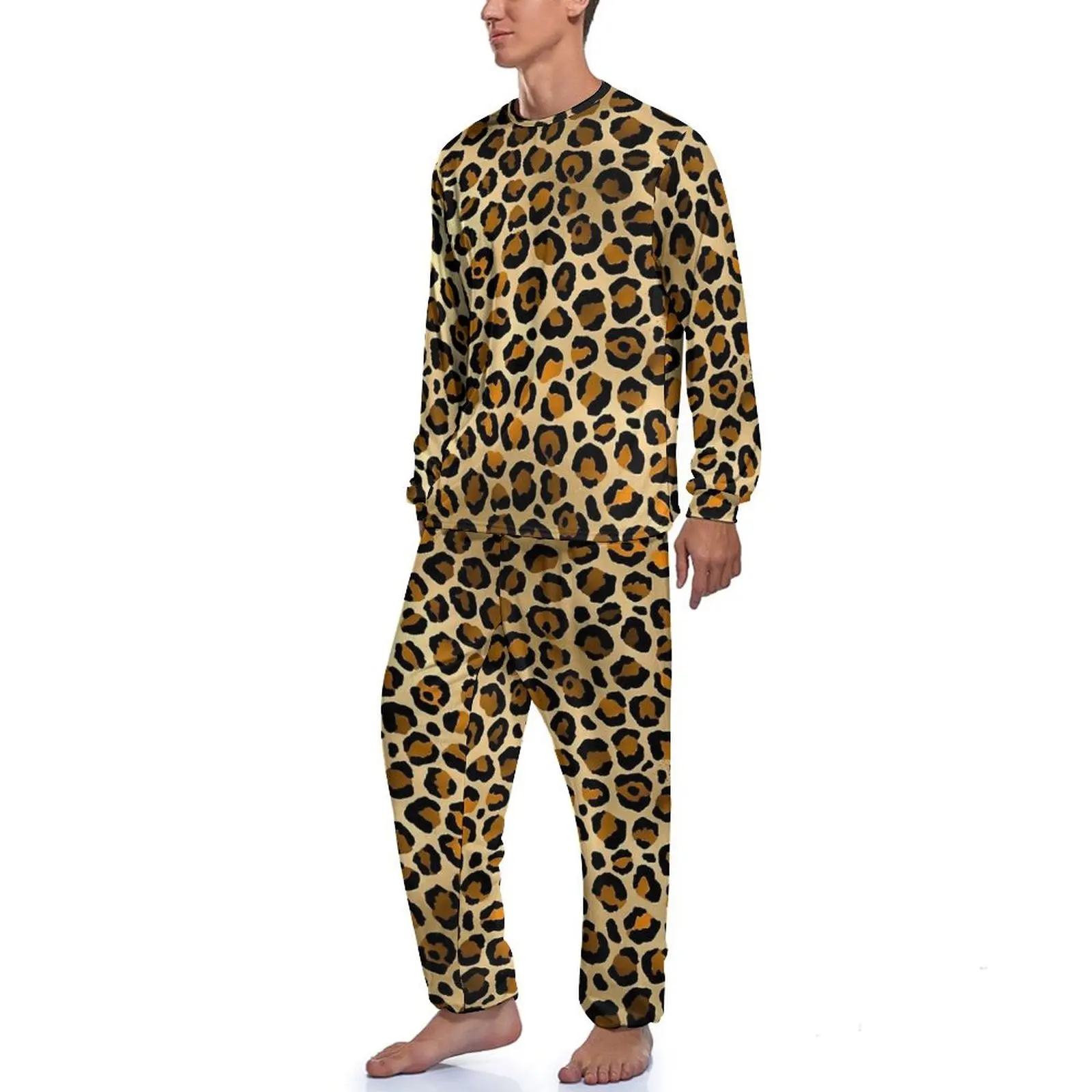 Orange Leopard Print Pajamas Spring Casual Sleepwear Mens 2 Pieces Pattern Long Sleeve Fashion Pajama Sets - Image 2