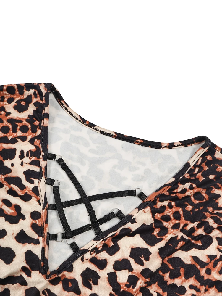 Plus Size Womens Elegant Leopard Print Long Sleeve Top Lace Trim Deep V-Neck Suitable for plus size wear Fashion Sexy - Image 3