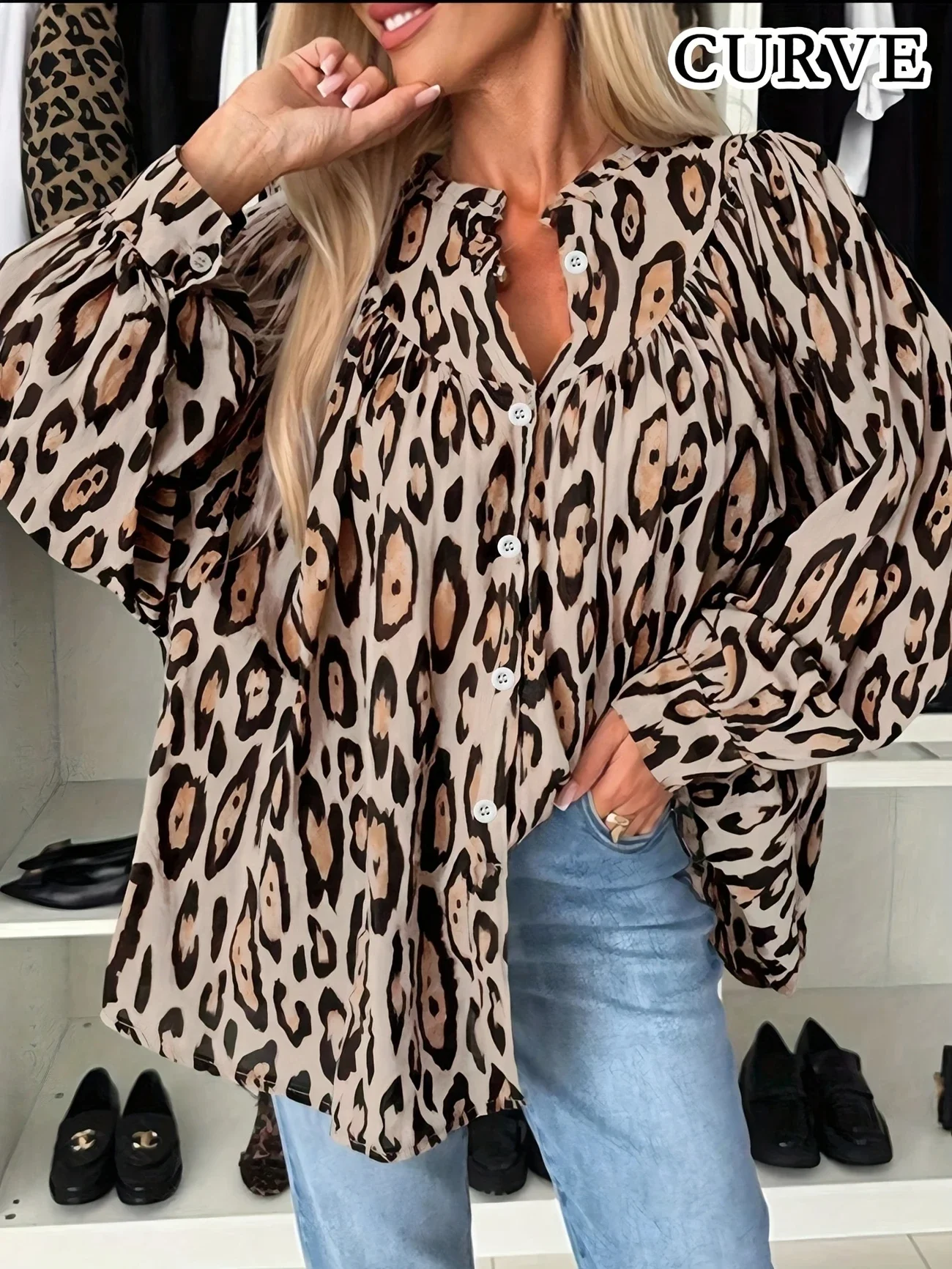 Plus Size 1Xl-5XL Women'S Leopard Print Front Button Casual Long Sleeve Shirt Simple Lapel Design Loose with Pocket Shirt Top - Image 5