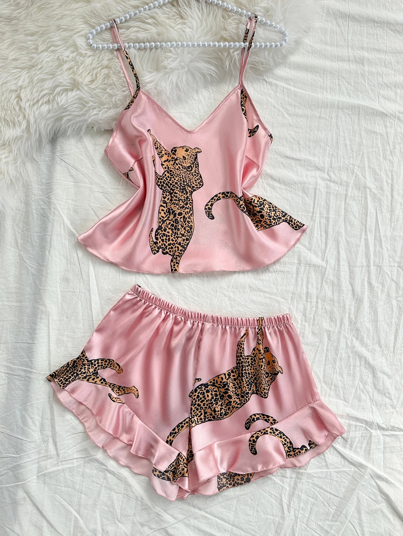 2-piece leopard print pajama set sexy and casual halter shorts women's Sleepwear - Image 4
